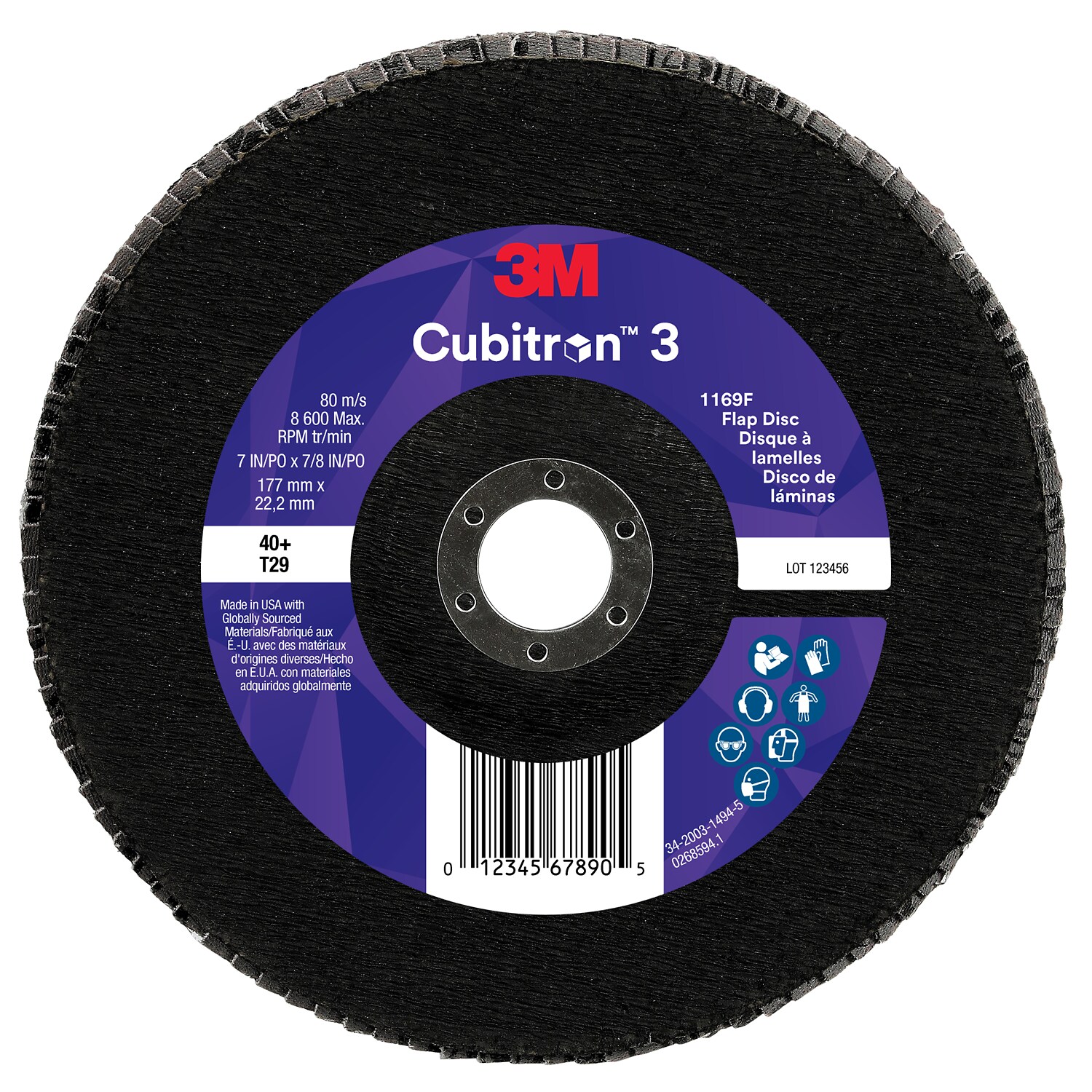 7100380208 - 3M Cubitron 3 Flap Disc 1169F, 40+, T29-Conical, 7 in x 7/8 in, 5 ea/Case