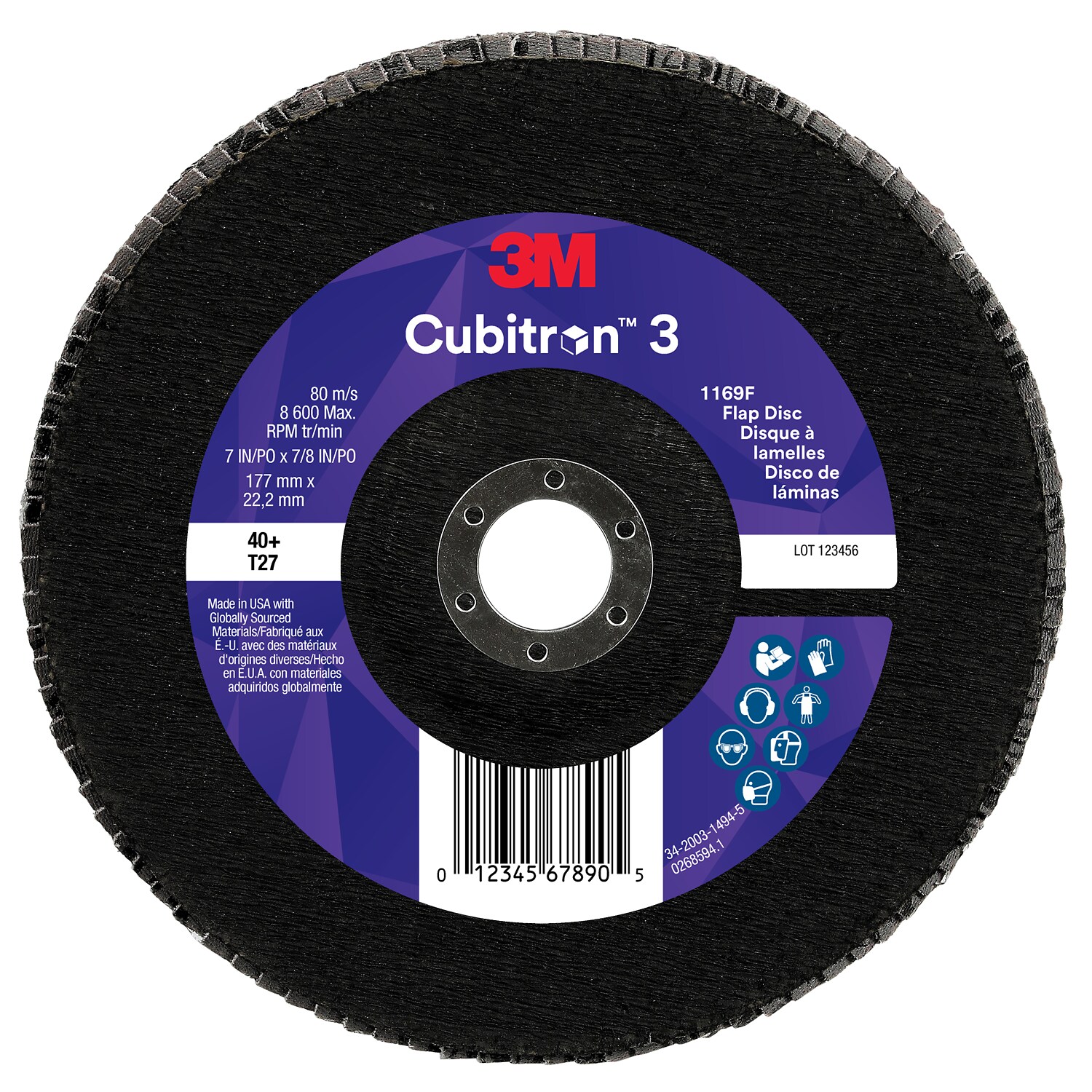 7100379978 - 3M Cubitron 3 Flap Disc 1169F, 40+, T27-Flat, 7 in x 7/8 in, 5 ea/Case