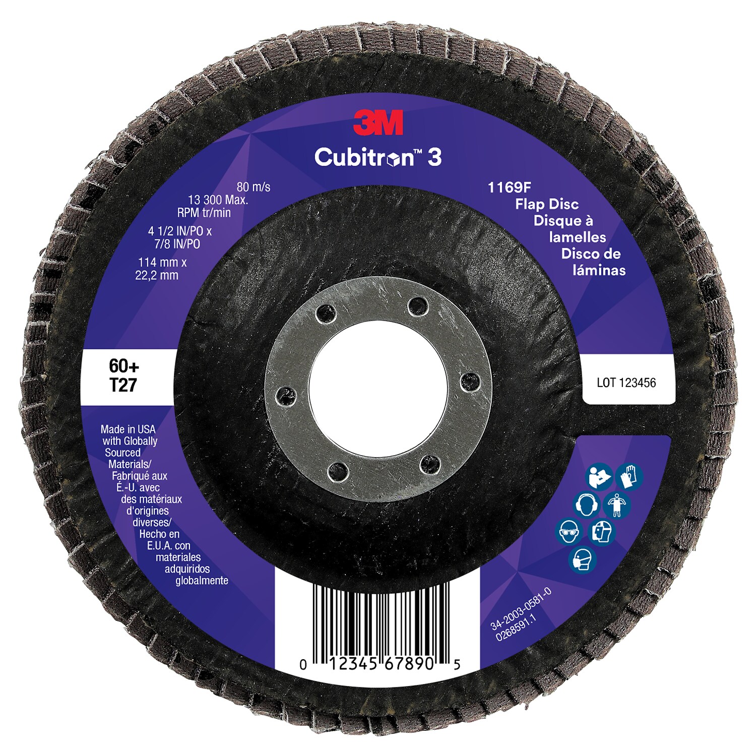 7100380348 - 3M Cubitron 3 Flap Disc 1169F, 60+, T27-Flat, 4-1/2 in x 7/8 in, 10 ea/Case