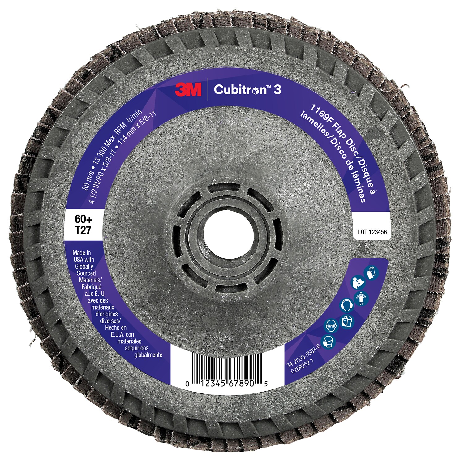 7100380307 - 3M Cubitron 3 Flap Disc 1169F, 60+, T27-Flat Quick Change, 4-1/2 in x 5/8 in-11, 10 ea/Case