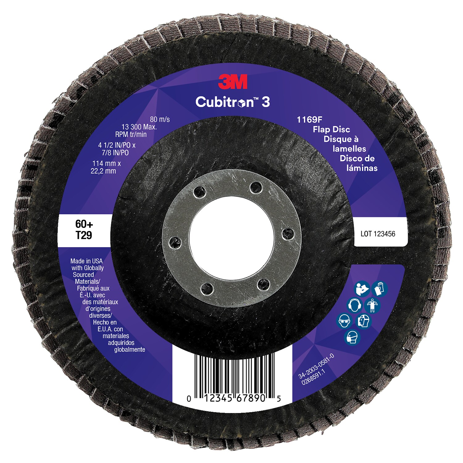 7100380209 - 3M Cubitron 3 Flap Disc 1169F, 60+, T29-Conical, 4-1/2 in x 7/8 in, 10 ea/Case