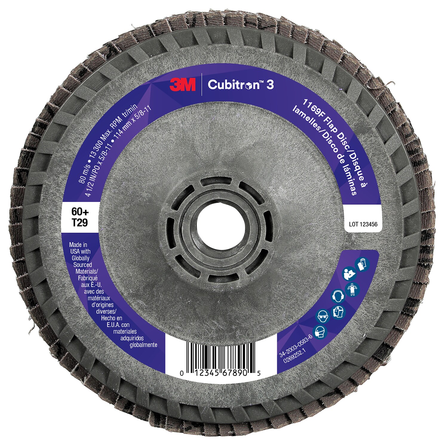 7100380349 - 3M Cubitron 3 Flap Disc 1169F, 60+, T29-Conical Quick Change, 4-1/2 in x 5/8 in-11, 10 ea/Case