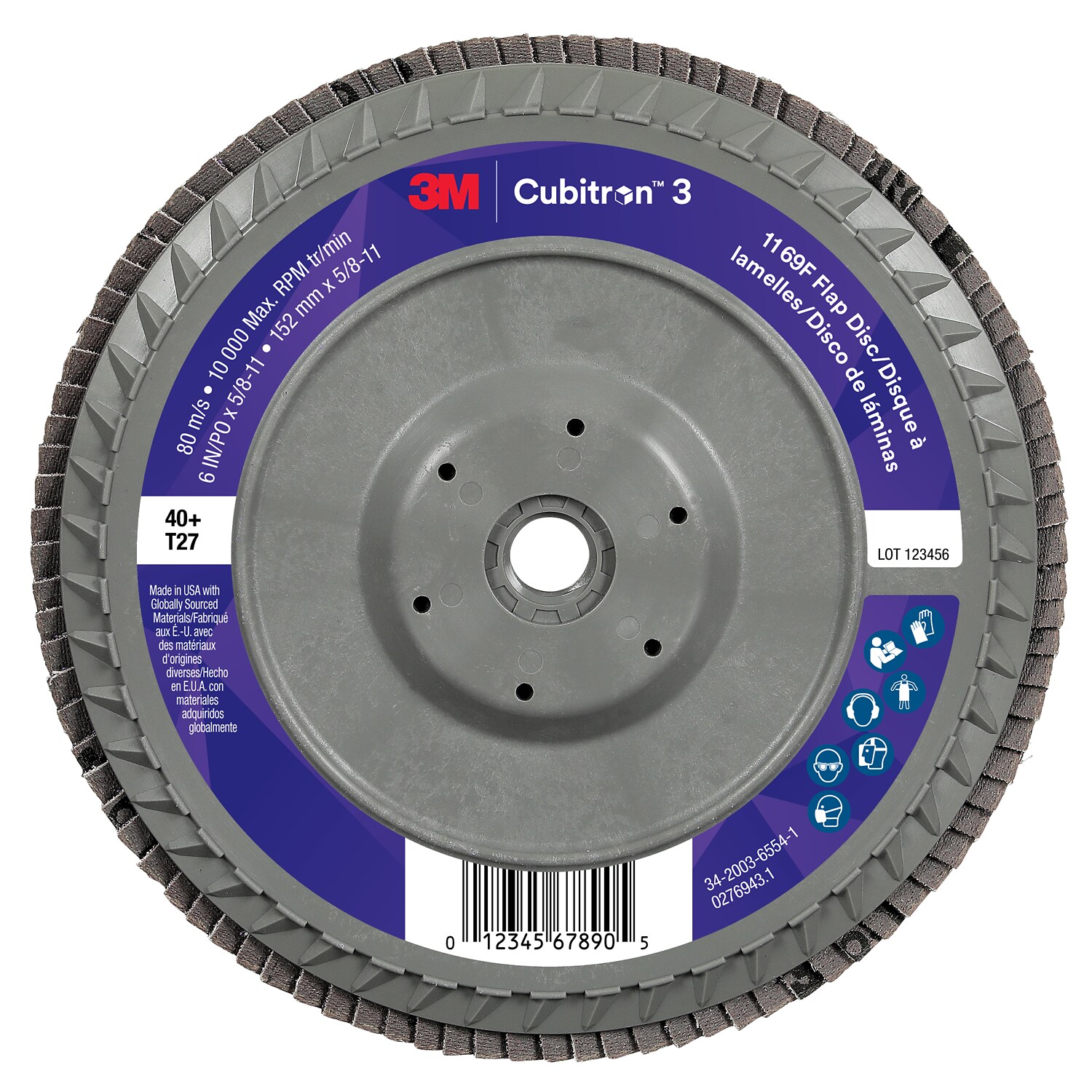 7100380317 - 3M Cubitron 3 Flap Disc 1169F, 40+, T27-Flat Quick Change, 6 in x 5/8 in-11, 5 ea/Case
