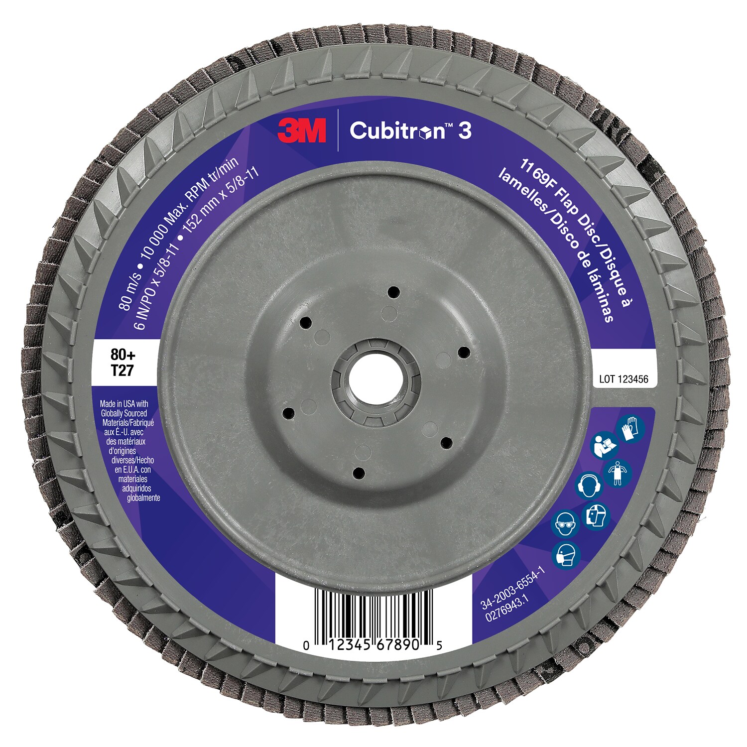 7100380338 - 3M Cubitron 3 Flap Disc 1169F, 80+, T27-Flat Quick Change, 6 in x 5/8 in-11, 5 ea/Case