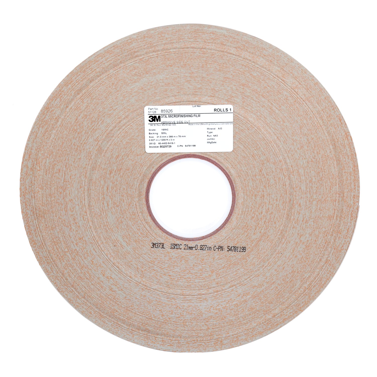 7100235783 - 3M Microfinishing Film Roll 373L, 15 Mic 5MIL, T2, Orange, 0.937 in x 900 ft x 2-1/2 in (23.81mmx274.25m), SP, ASO, SP Tape, ERMB
