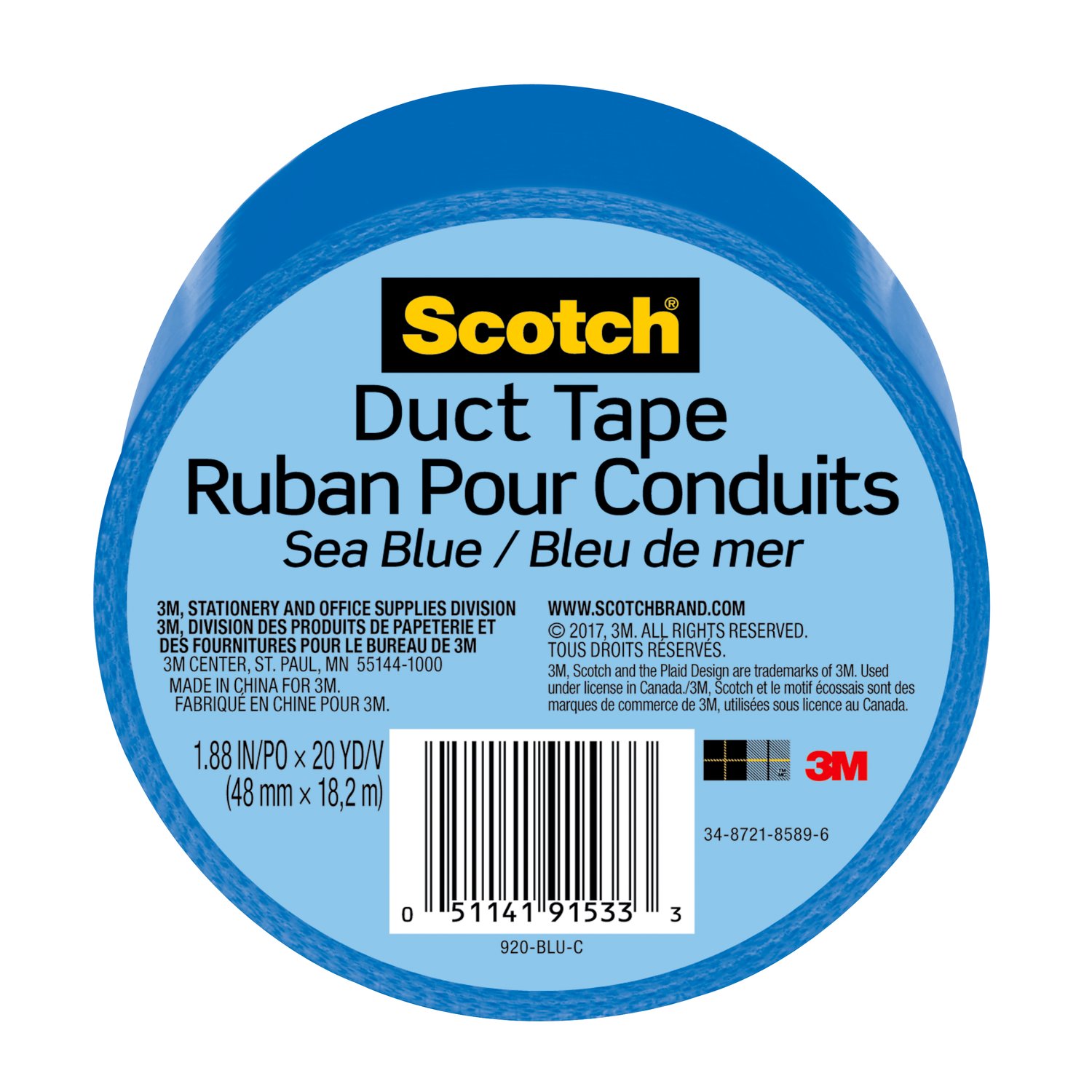 7100166628 - Scotch Duct Tape 920-BLU-C, 1.88 in x 20 yd (48 mm x 18,2 m), Blue