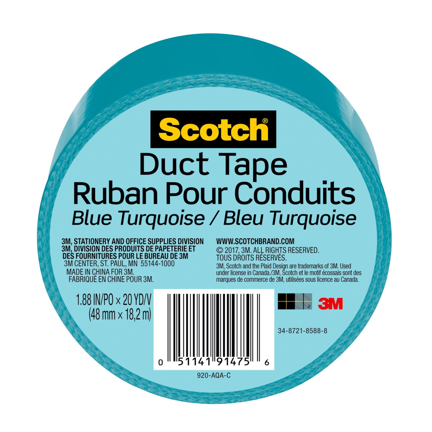 7100166667 - Scotch Duct Tape 920-AQA-C, 1.88 in x 20 yd (48 mm x 18,2 m), Aqua
