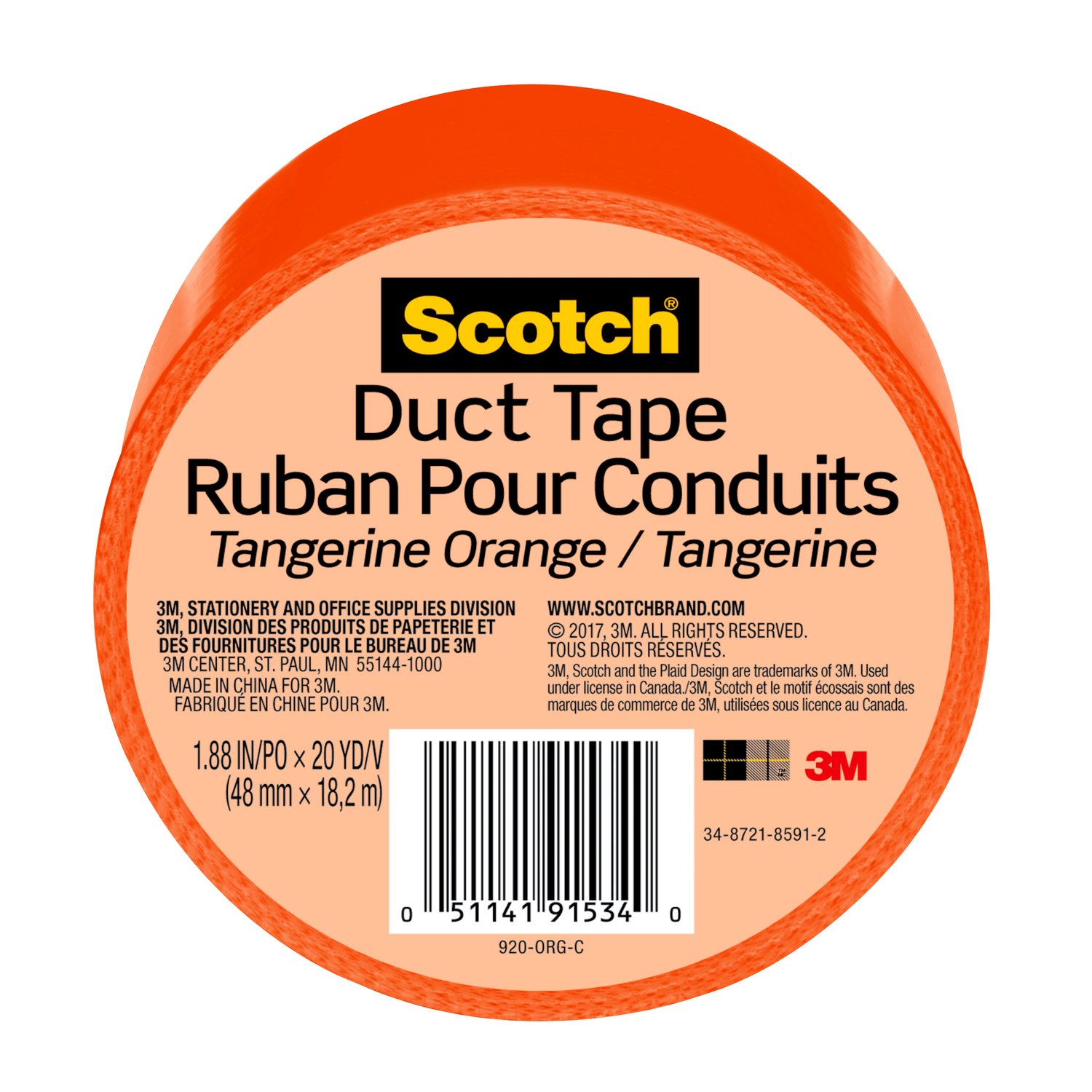 7100166642 - Scotch Duct Tape 920-ORG-C, 1.88 in x 20 yd (48 mm x 18,2 m), Orange