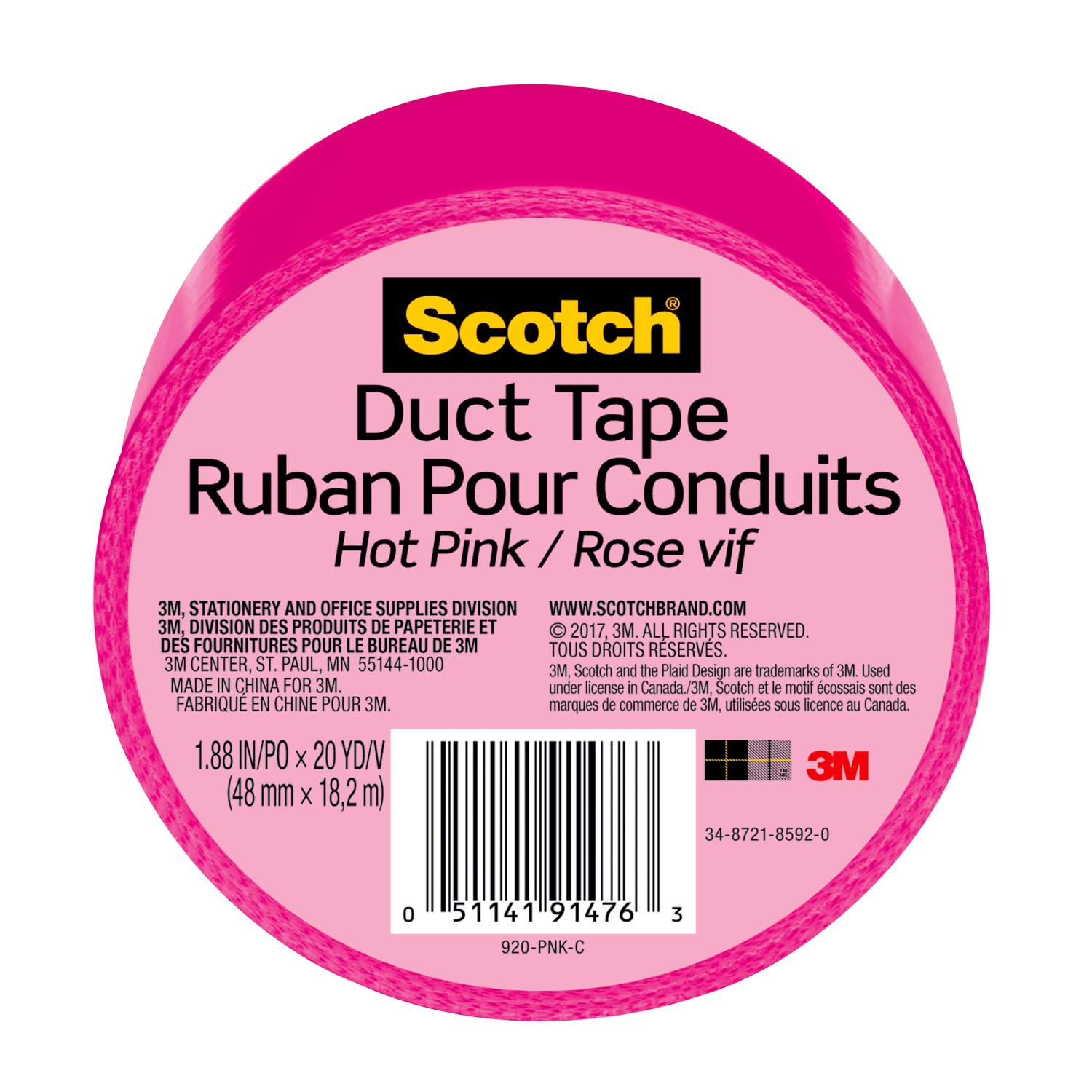 7100166668 - Scotch Duct Tape 920-PNK-C, 1.88 in x 20 yd (48 mm x 18,2 m), Pink