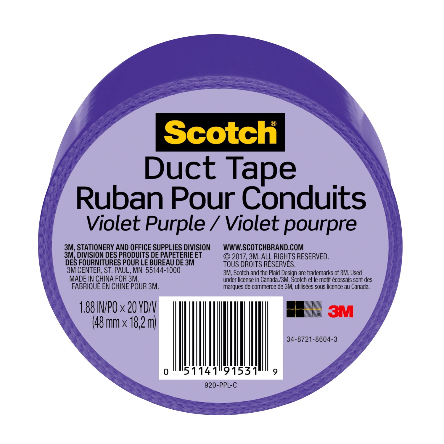 7100166506 - Scotch Duct Tape 920-PPL-C, 1.88 in x 20 yd (48 mm x 18,2 m), Purple