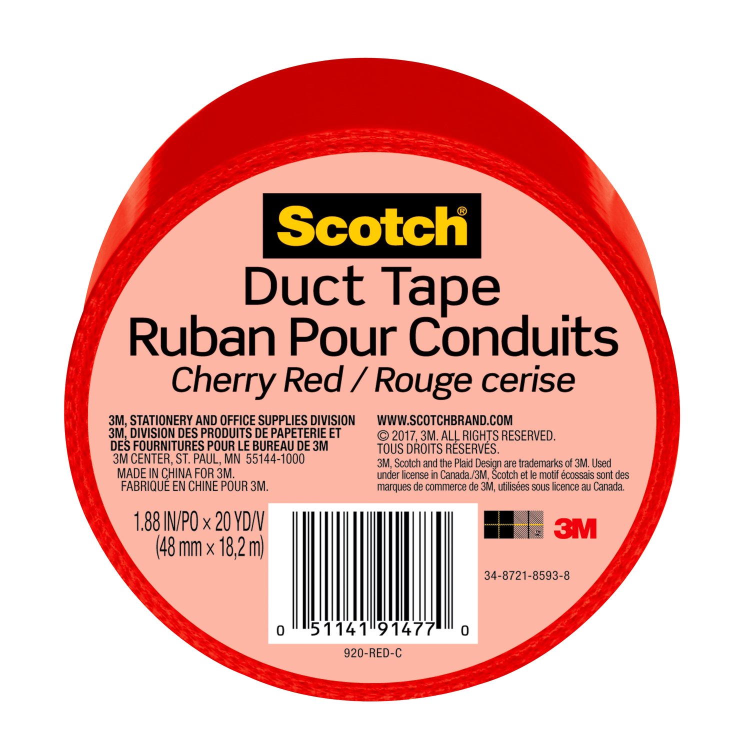 7100166639 - Scotch Duct Tape 920-RED-C, 1.88 in x 20 yd (48 mm x 18,2 m), Red