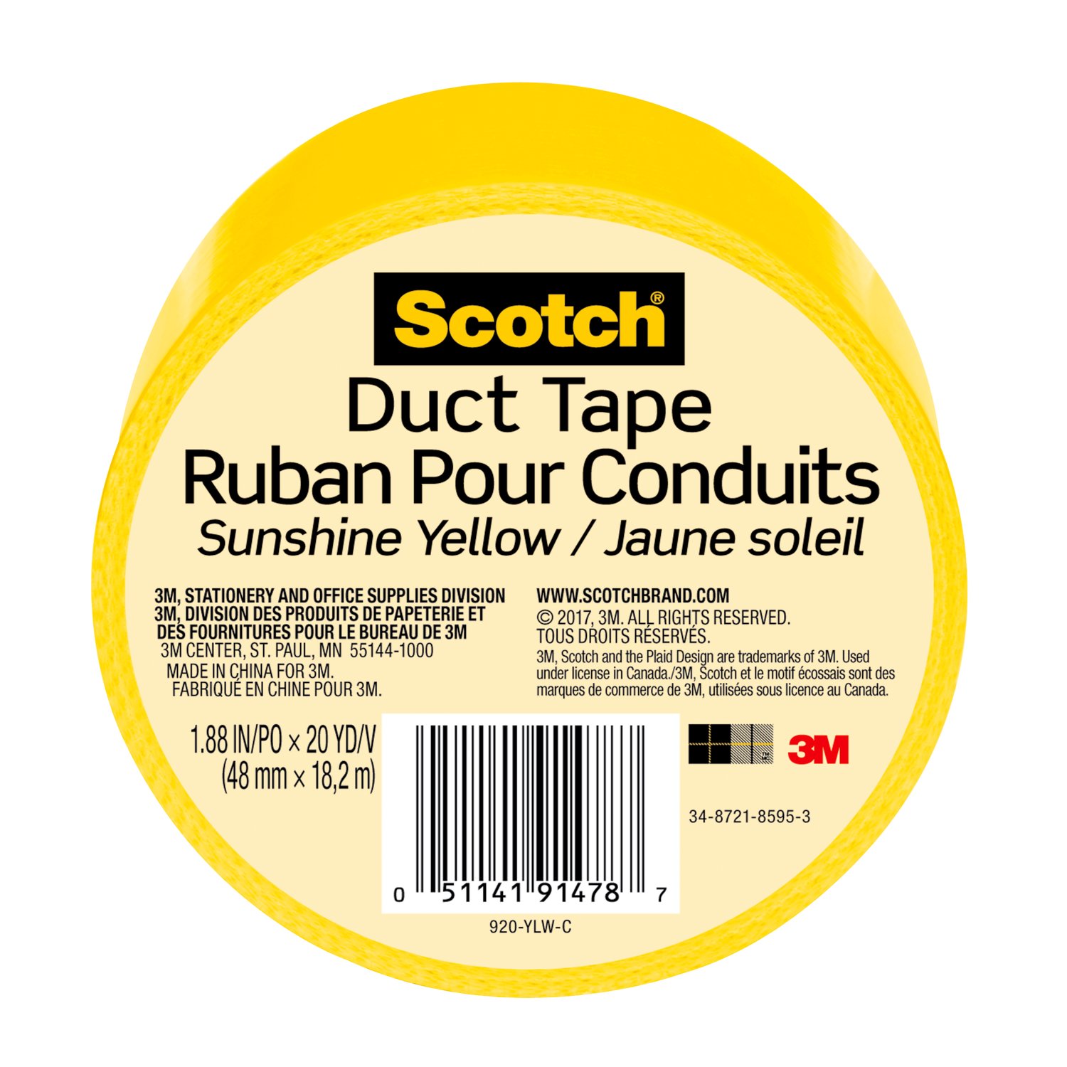 7100166629 - Scotch Duct Tape 920-YLW-C, 1.88 in x 20 yd (48 mm x 18,2 m), Yellow