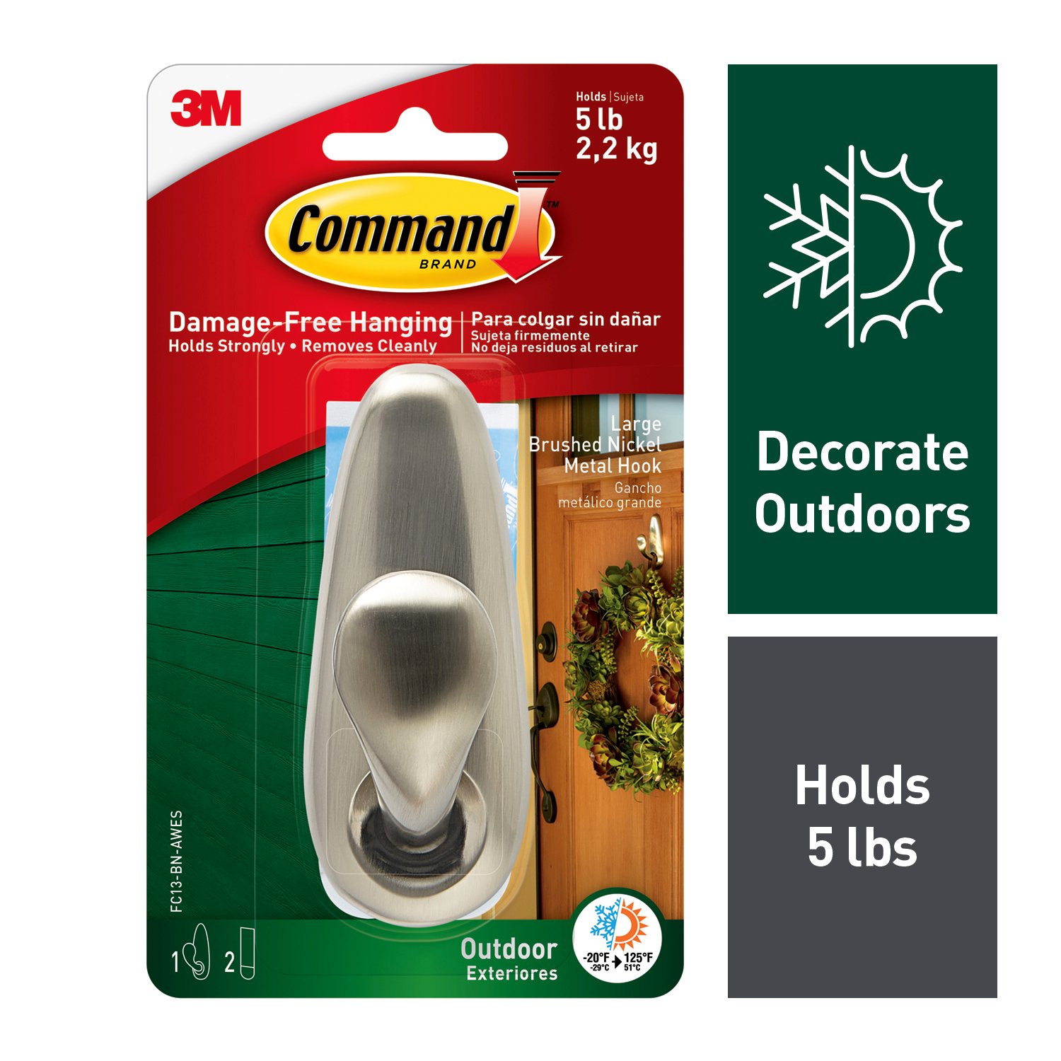 7100140200 - Command Outdoor Large Metal Hook Brushed Nickel FC13-BN-AWES, 1 hook, 2 water-resistant strips