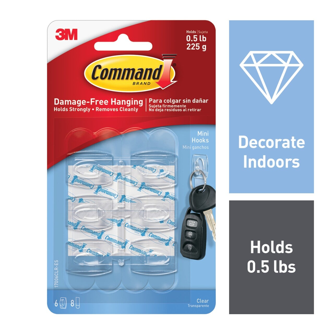 7100112814 - Command Mini Clear Hooks with Clear Strips 17006CLRES-D, 6 Mini Hooks, 8 Small Clear Strips/Pack