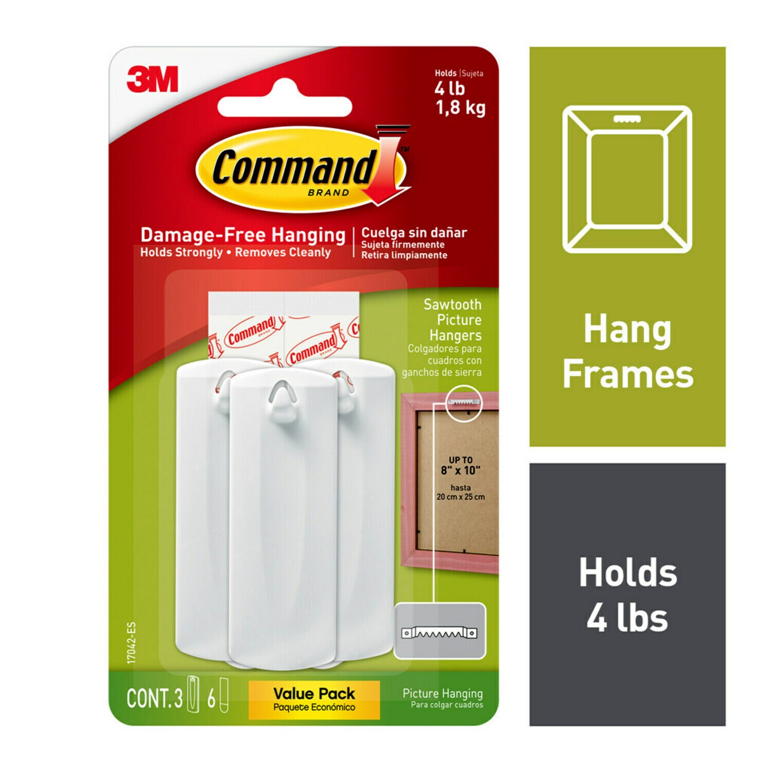 7100217206 - Command Sawtooth Picture Hangers Value Pack 17042-ES, 3 hangers, 6 strips