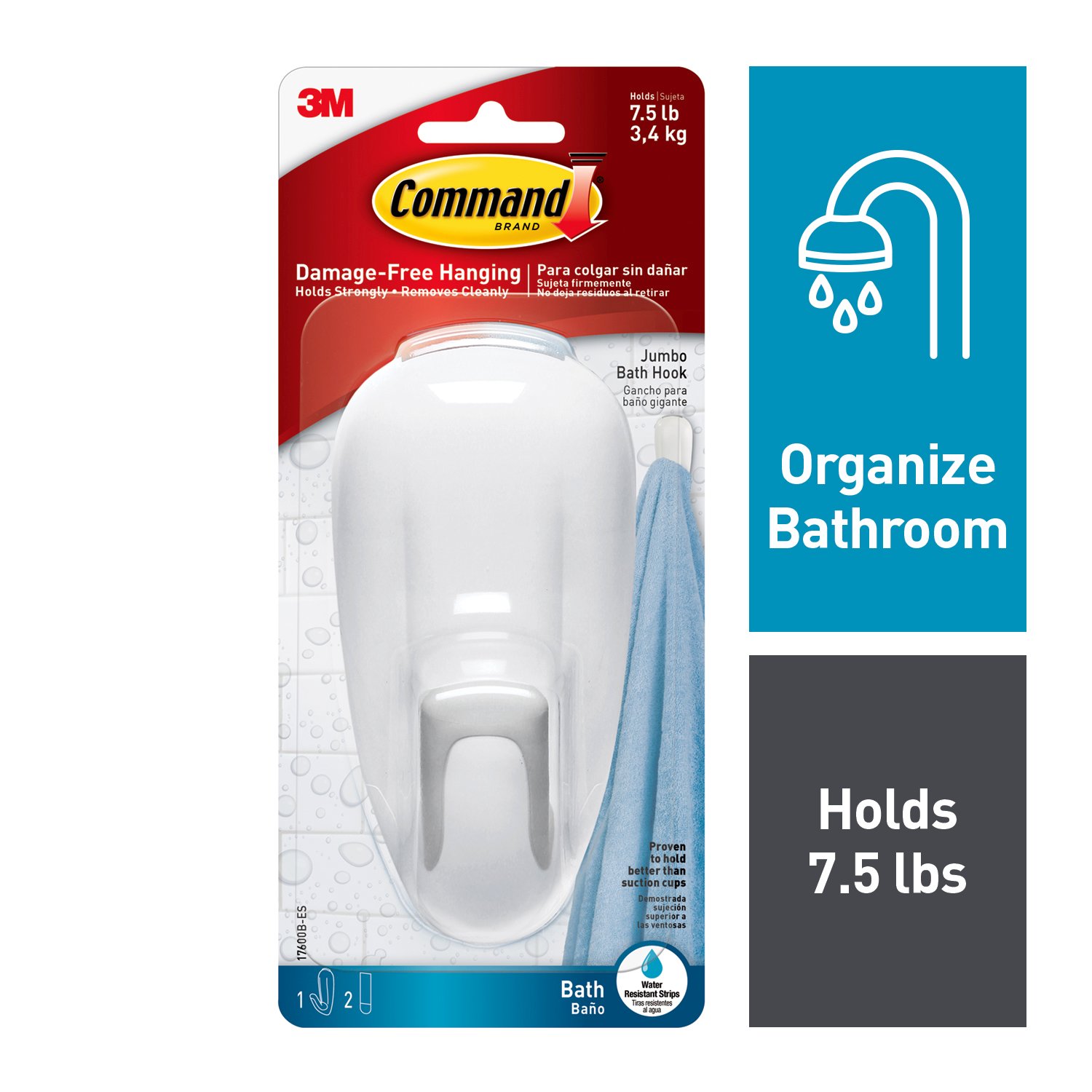 7100132713 - Command Large Bathroom Hook with Water-Resistant Strips, 17600B-ES