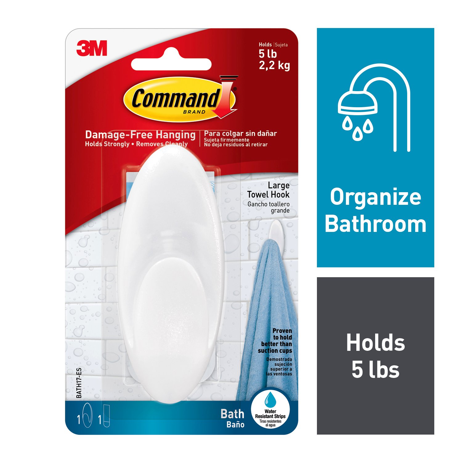 7000144760 - Command Large Towel Hook with Water-Resistant Strips Clear Frosted BATH17-ESF