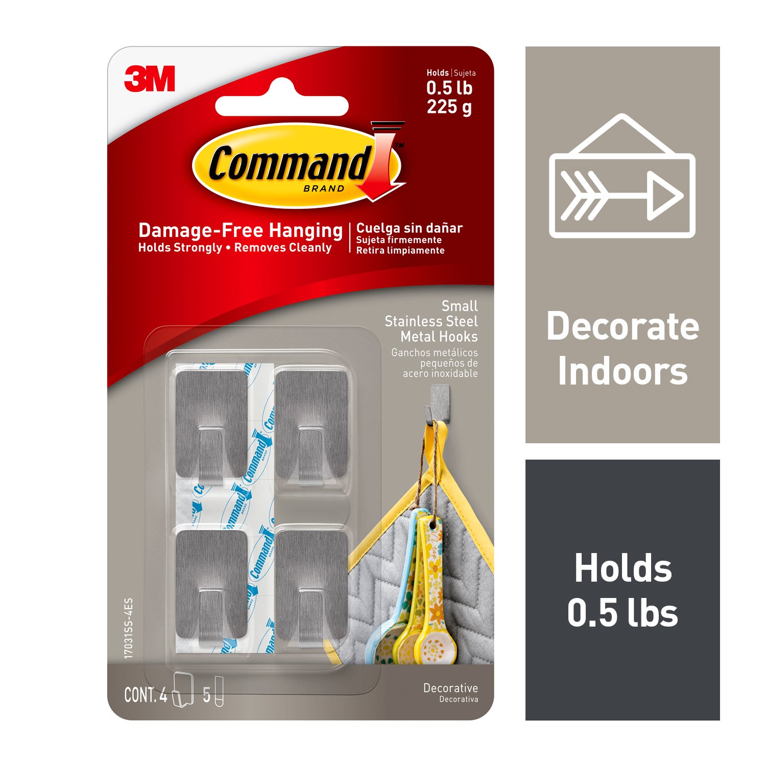 7100157735 - Command Small Stainless Steel Metal Hooks, 17031SS-4ES, 4 Hooks, 5 Strips