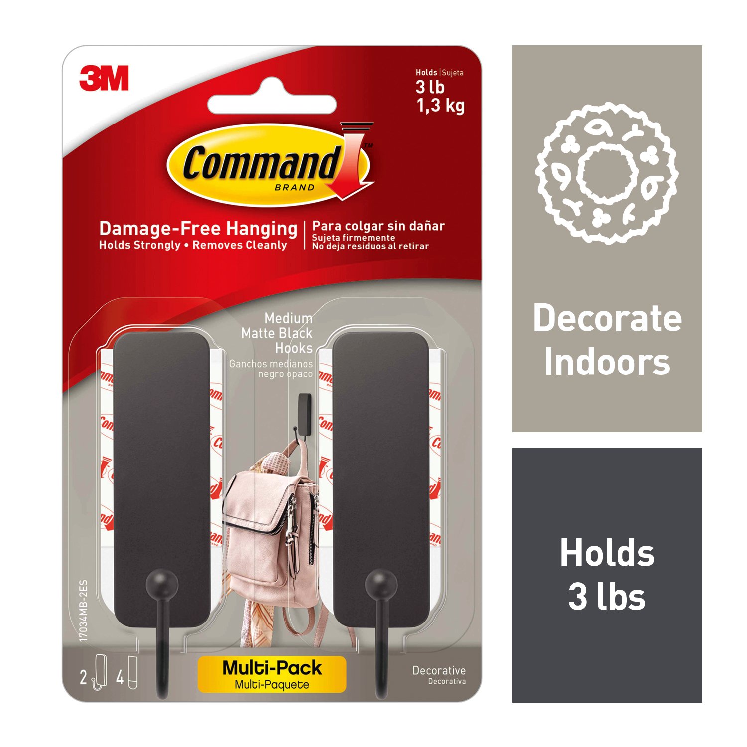 7100177289 - Command Medium Matte Black Hooks, 2 Hooks, 4 Strips,17034MB-2ES