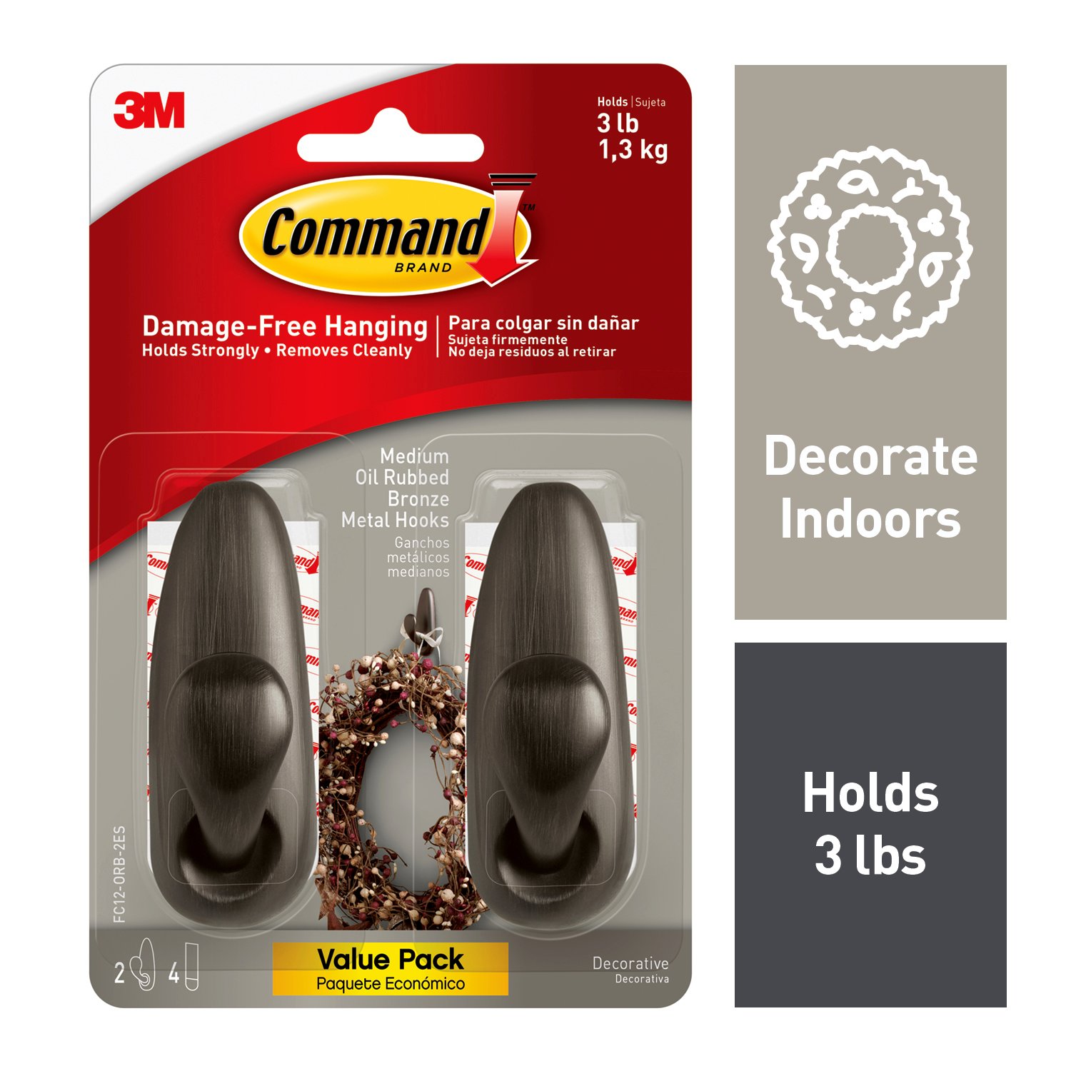 7100113706 - Command Medium Forever Classic Oil Rubbed Bronze Metal Hooks Value Pack, FC12-ORB-2ES, 2 hooks, 4 strips