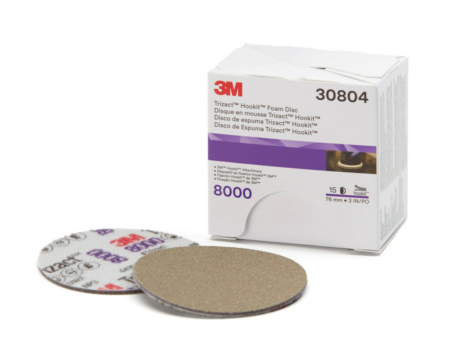 7100193763 - 3M Trizact Hookit Foam Disc 30804, 8000, 3 in, 15 Discs/Carton, 4 Cartons/Case