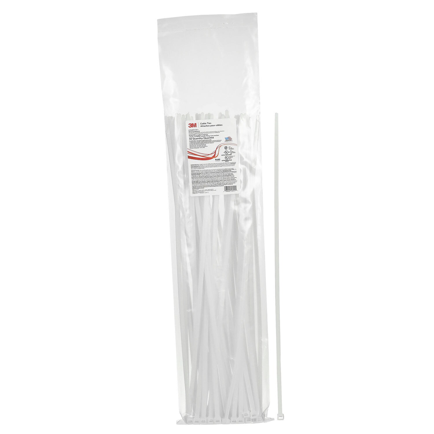 7100358695 - 3M Cable Tie CT24NT175-L, Natural 24 inch 175 lb, 50/Bag, 500/Case