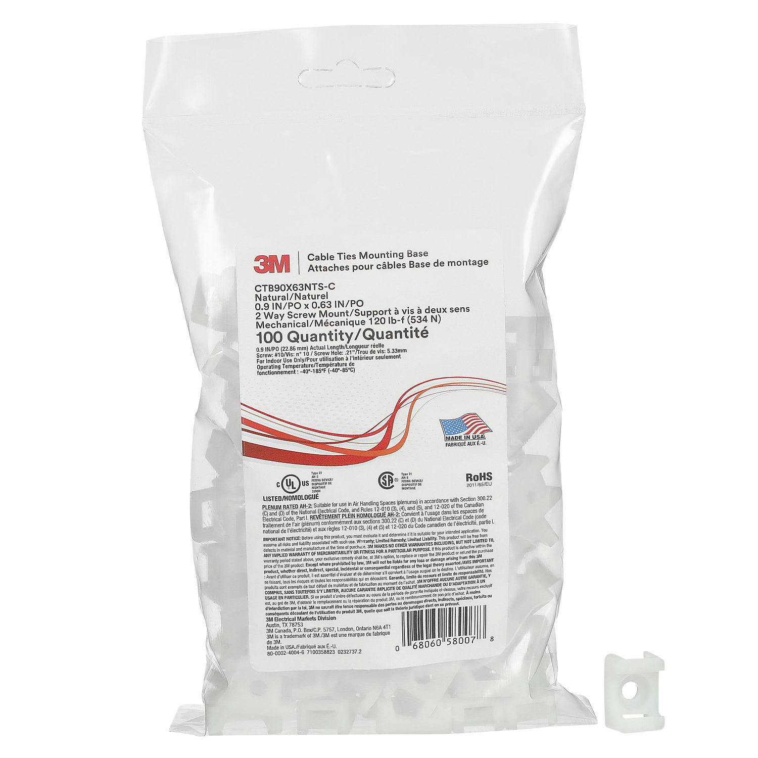 7100358823 - 3M Cable Tie Base CTB90X63NTS-C, Screw Mount, Natural/Nylon, 0.9 in x 0.63 in, 100/Bag, 500/Case