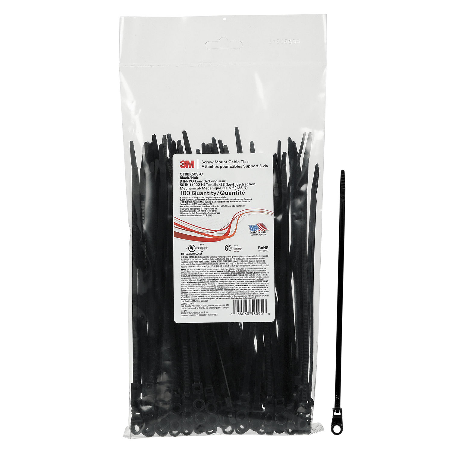 7100358601 - 3M Screw Mount Cable Tie CT8BK50S-C, Black 8 inch 50 lb, 100/Bag, 1000/Case