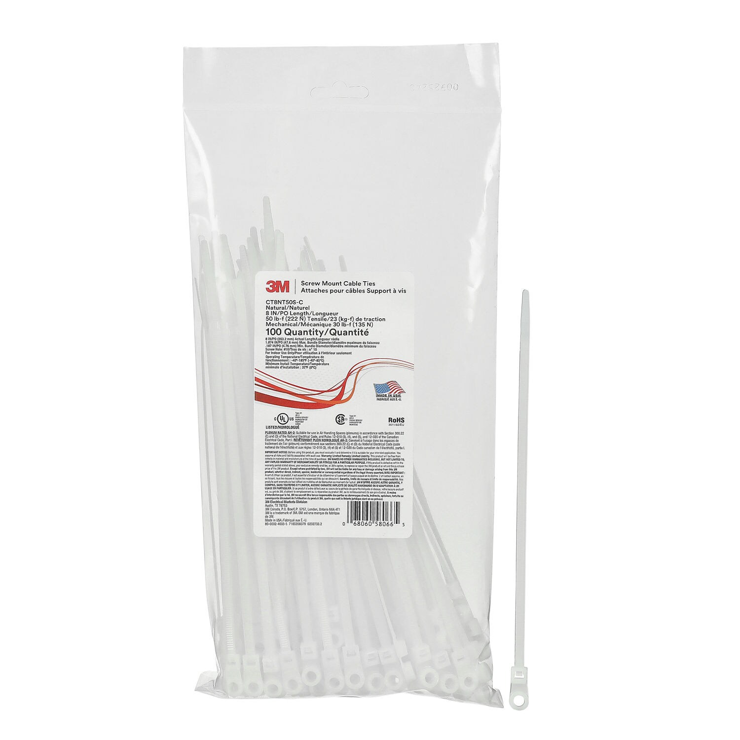 7100358379 - 3M Screw Mount Cable Tie CT8NT50S-C, Natural 8 inch 50 lb, 100/Bag, 1000/Case