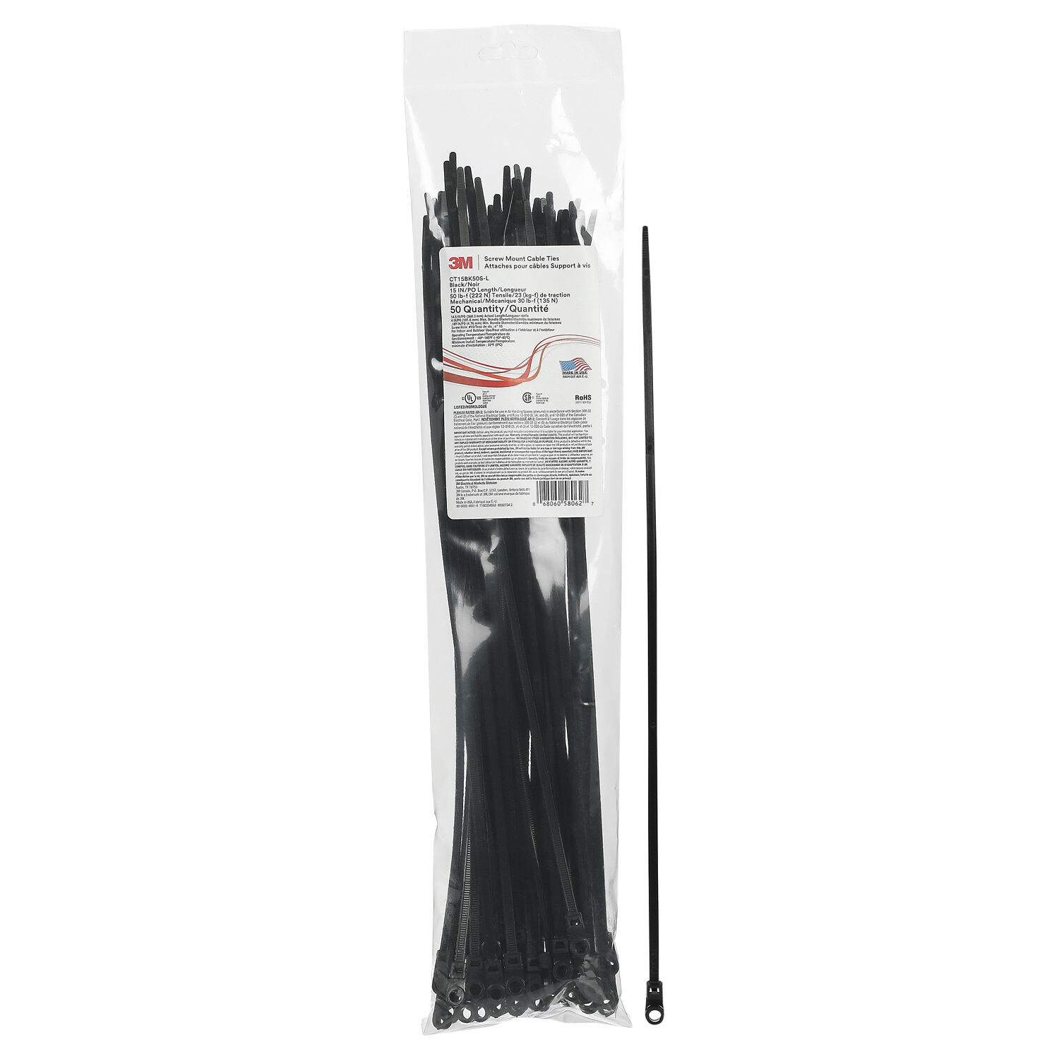 7100358953 - 3M Screw Mount Cable Tie CT15BK50S-L, Black 15 inch 50 lb, 50/Bag, 500/Case