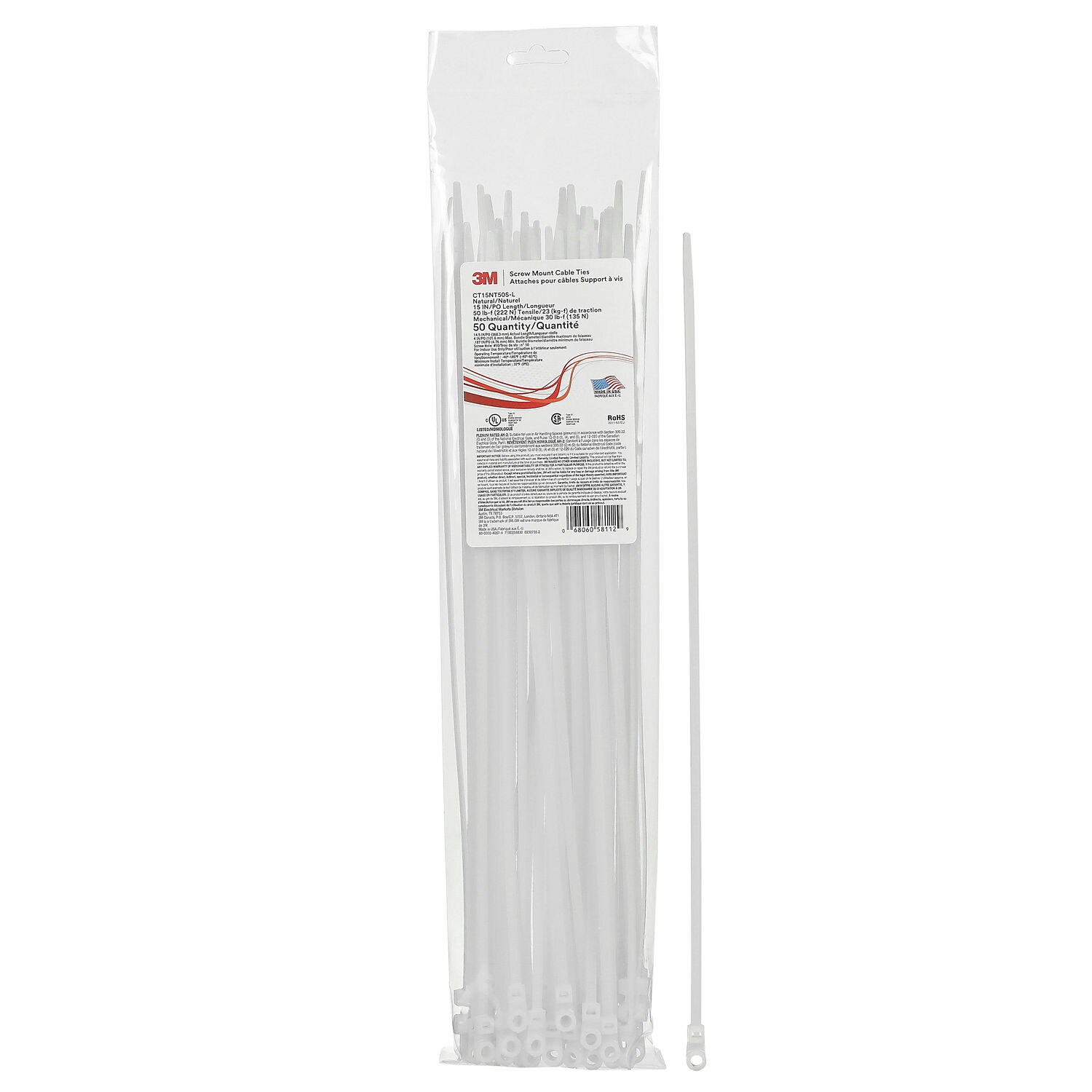 7100358830 - 3M Screw Mount Cable Tie CT15NT50S-L, Natural 15 inch 50 lb, 50/Bag, 500/Case