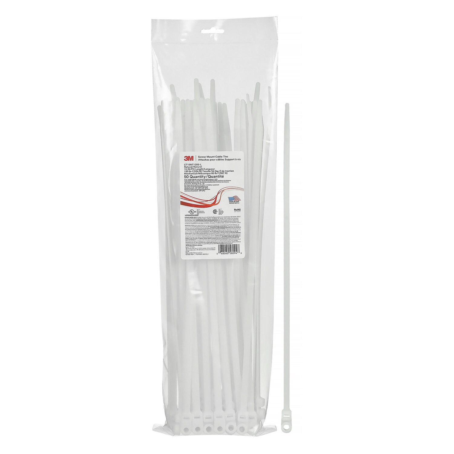 7100359203 - 3M Screw Mount Cable Tie CT15NT120S-L, Natural 15 inch 120 lb, 50/Bag, 500/Case