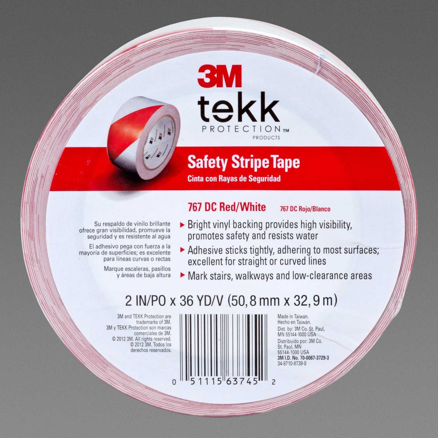 7010375766 - 3M Safety Stripe Vinyl Tape 767, Red/White, 2 in x 36 yd, 5 mil, 12 Roll/Case, Individually Wrapped Conveniently Packaged