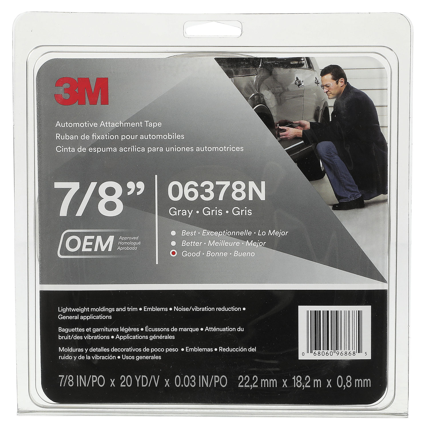 7100382452 - 3M Automotive Attachment Tape 06378N, Gray, 0.76 mm, 7/8 in x 20 yd, 12 Roll/Case