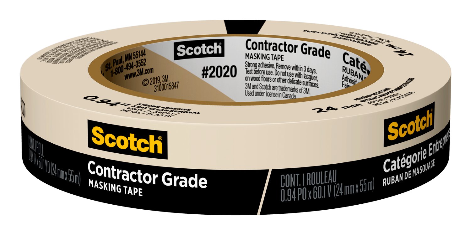 7100186422 - Scotch Contractor Grade Masking Tape 2020-24AP, 0.94 in x 60.1 yd (24mm
x 55m)