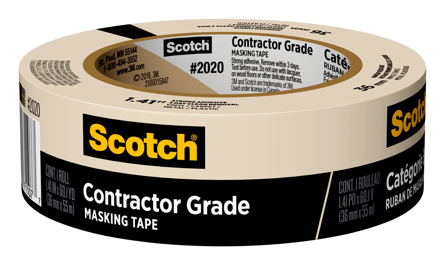7100186347 - Scotch Contractor Grade Masking Tape 2020-36AP, 1.41 in x 60.1 yd (36mm x 55m)
