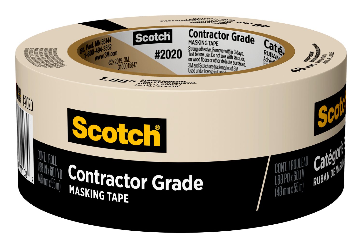 7100186424 - Scotch Contractor Grade Masking Tape 2020-48MP, 1.88 in x 60.1 yd (48mm x 55m)