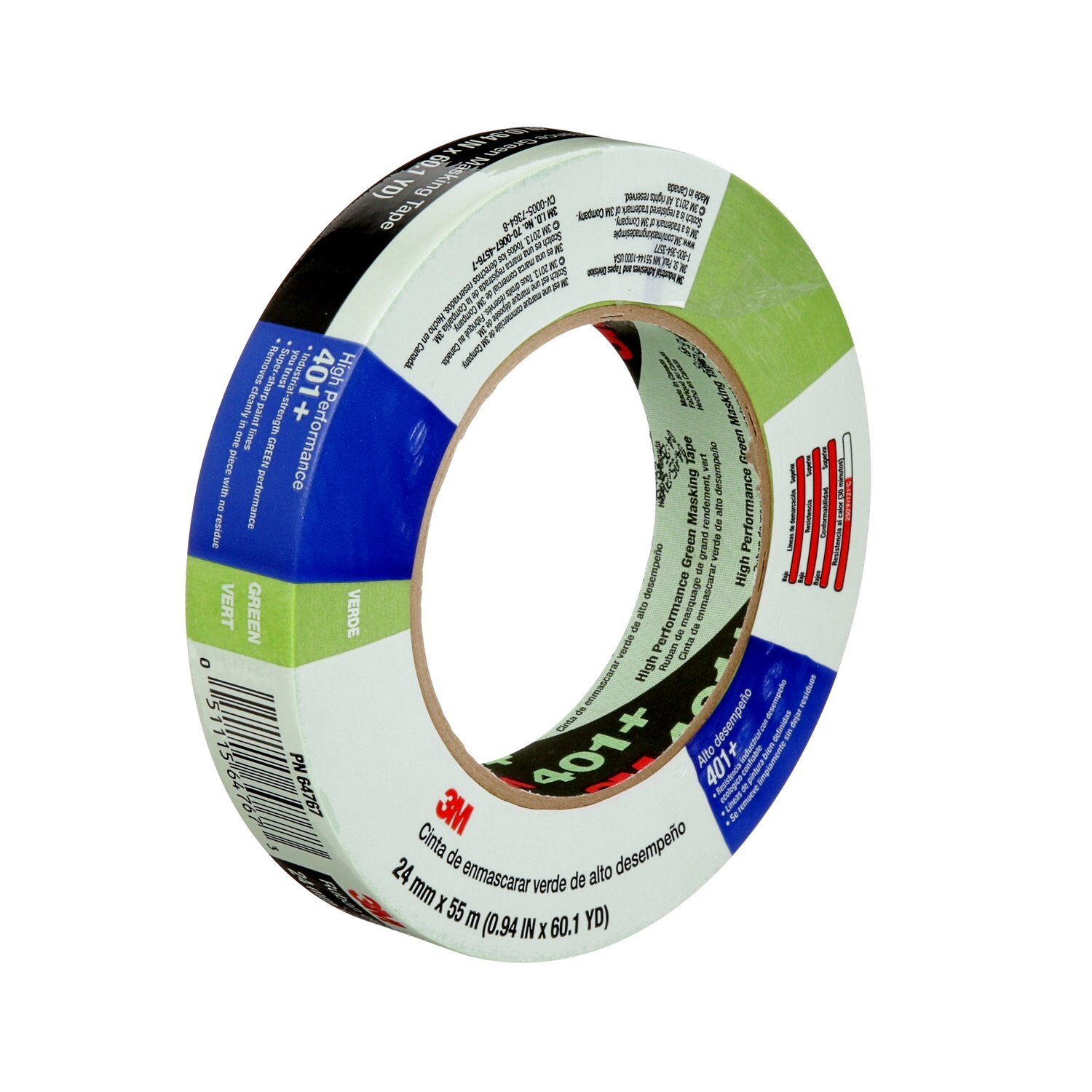 7000148422 - 3M High Performance Green Masking Tape 401+, 24 mm x 55 m, 24 Roll/Case, Individually Wrapped Conveniently Packaged