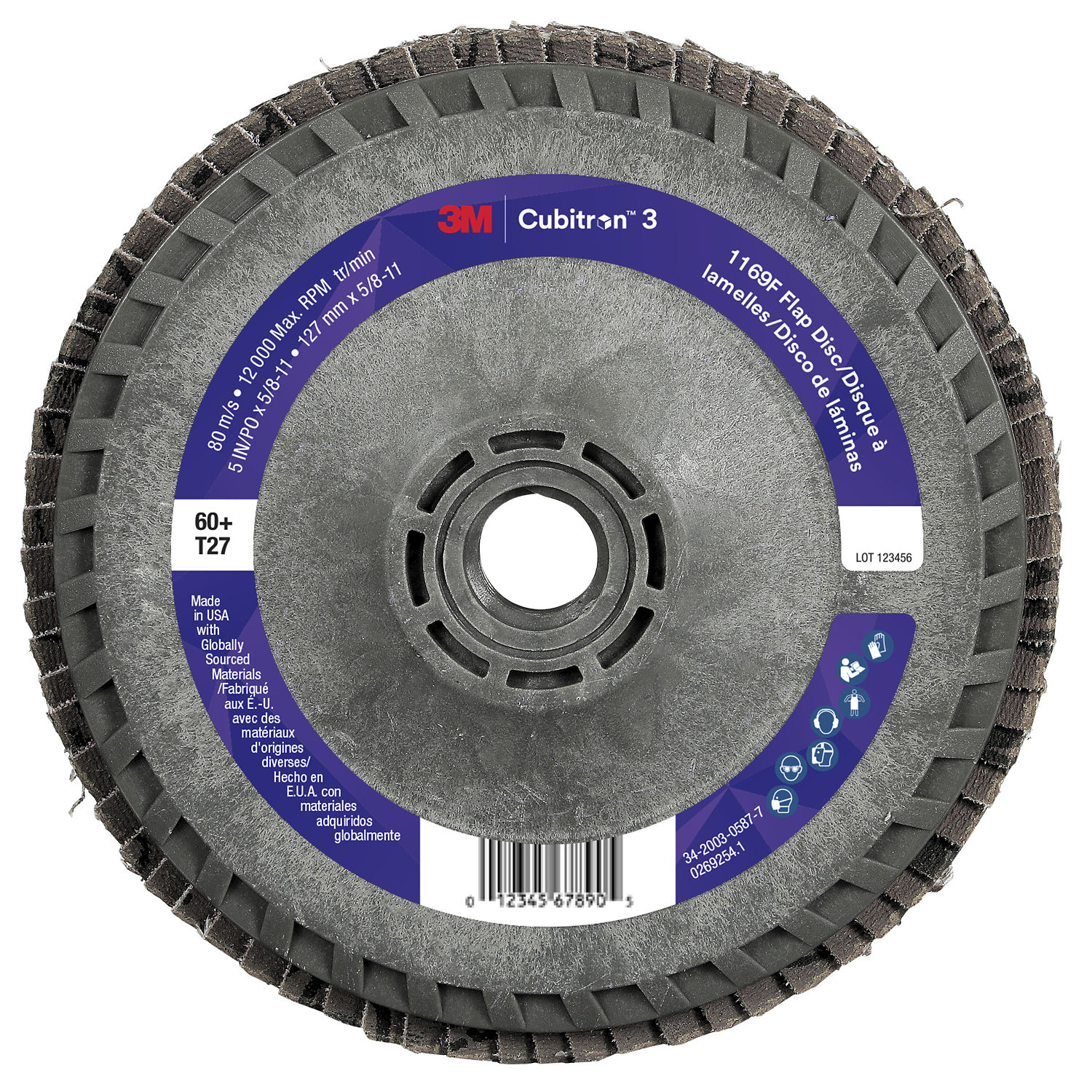 7100412595 - 3M Cubitron 3 Flap Disc 1169F, 60+, T27-Flat Quick Change, 5 in x 5/8 in-11, 10 ea/Case