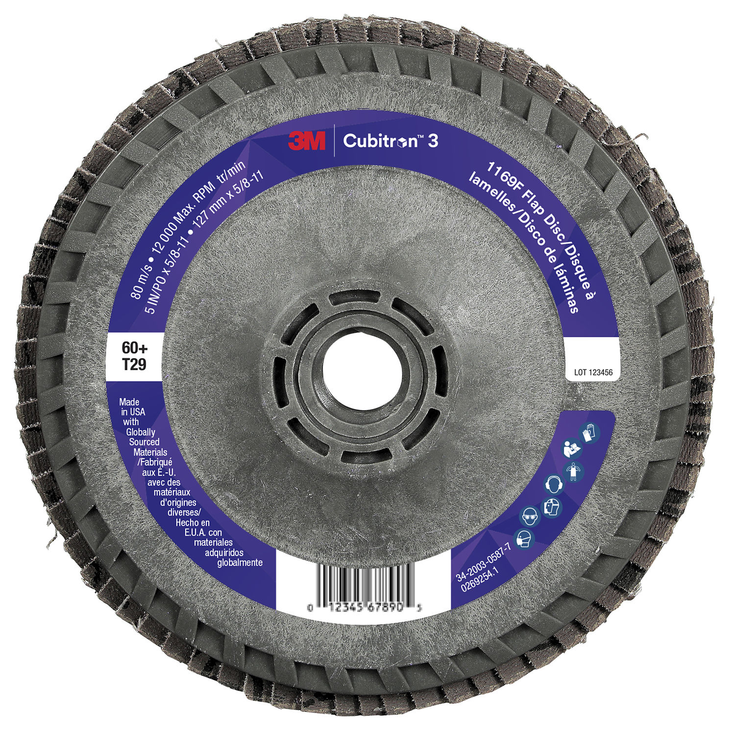 7100412568 - 3M Cubitron 3 Flap Disc 1169F, 60+, T29-Conical Quick Change, 5 in x 5/8 in-11, 10 ea/Case