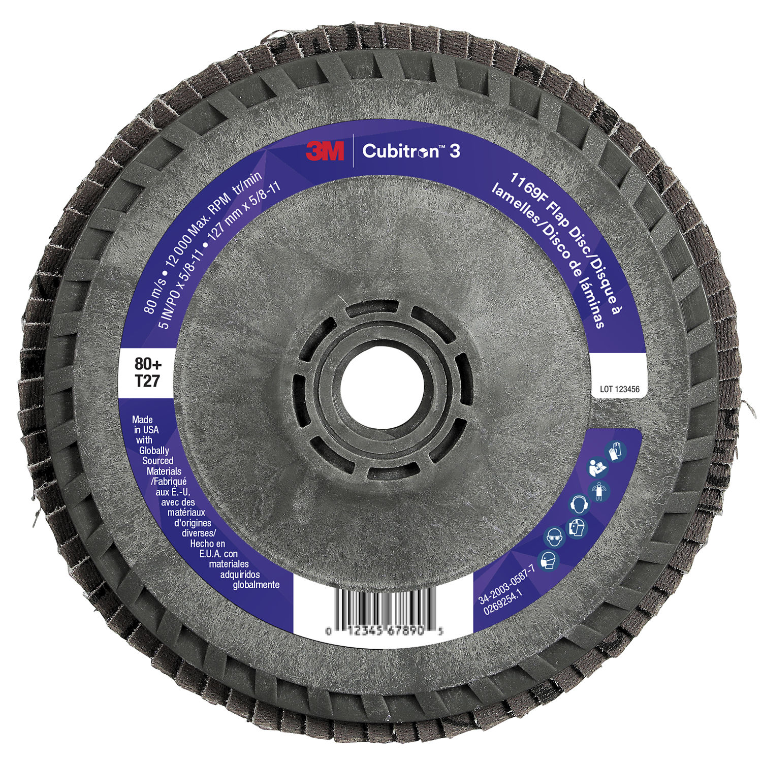 7100412625 - 3M Cubitron 3 Flap Disc 1169F, 80+, T27-Flat Quick Change, 5 in x 5/8 in-11, 10 ea/Case