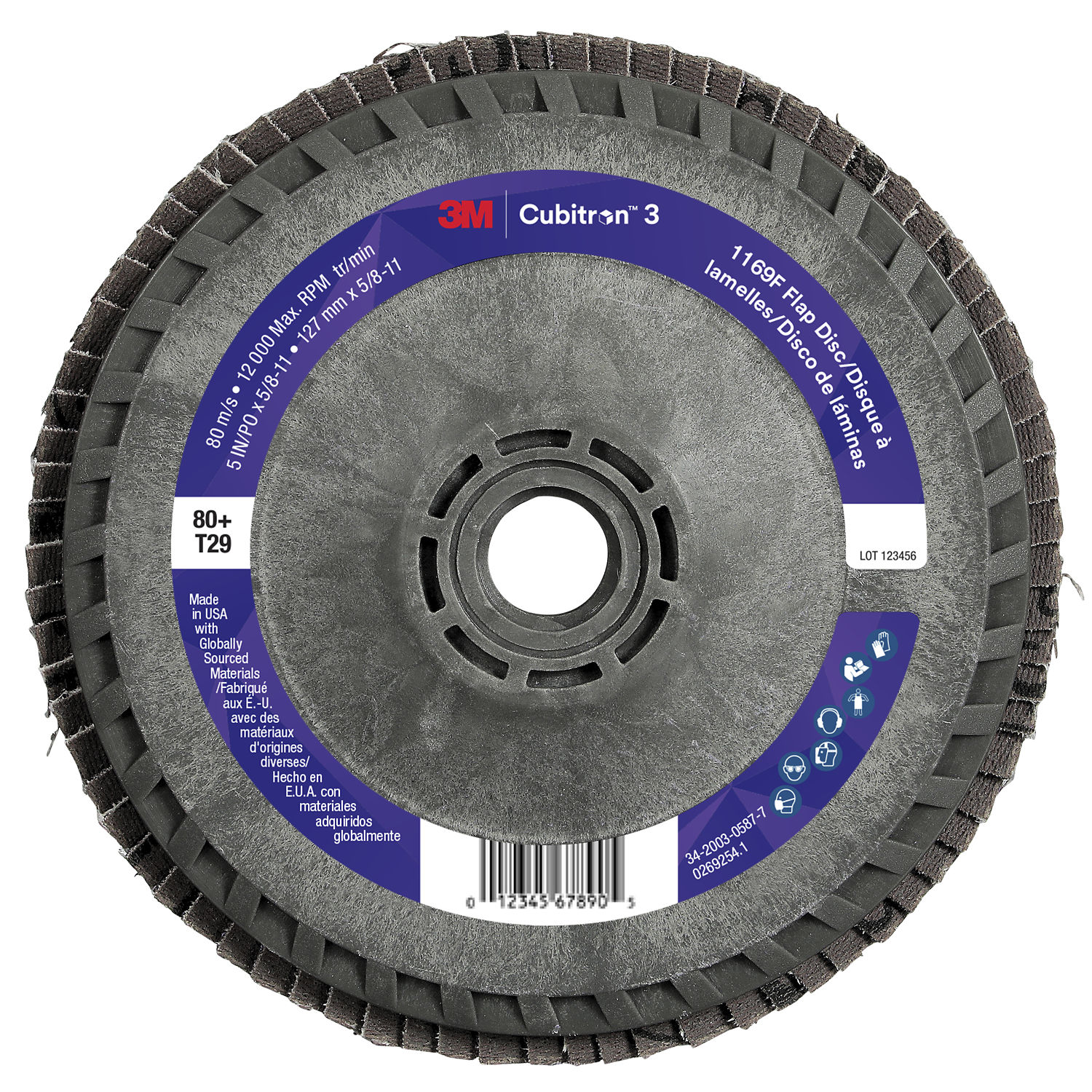7100412608 - 3M Cubitron 3 Flap Disc 1169F, 80+, T29-Conical Quick Change, 5 in x 5/8 in-11, 10 ea/Case