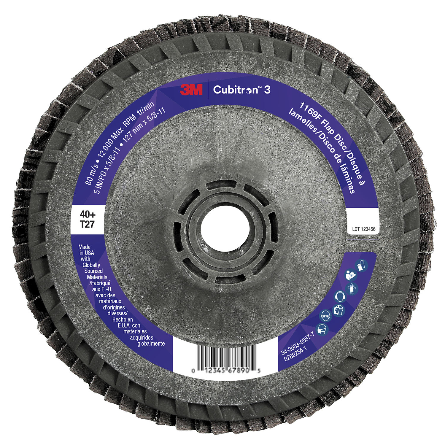 7100412607 - 3M Cubitron 3 Flap Disc 1169F, 40+, T27-Flat Quick Change, 5 in x 5/8 in-11, 10 ea/Case