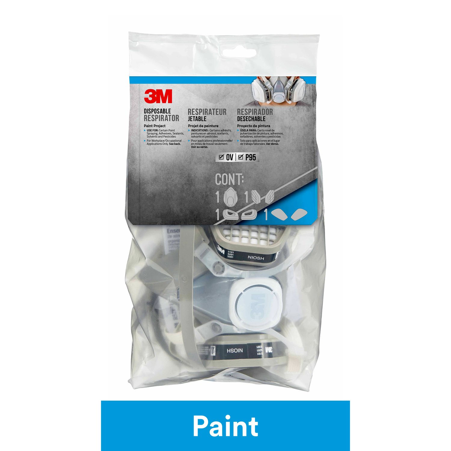 7100153673 - 3M Disposable Paint Project Respirator, OV/P95, 52P71P1-C, Medium, 1
each/pack, 6 packs/case