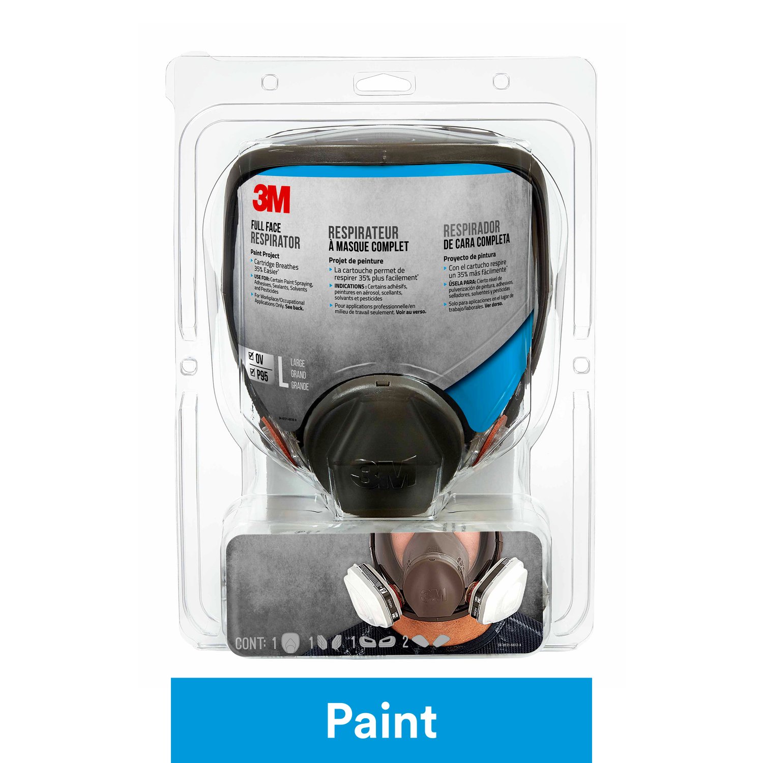 7100159316 - 3M Full Face Reusable Paint Project Respirator OV/P95, 69P71P1-DC,
Large, 1 each/pack, 2 packs/case