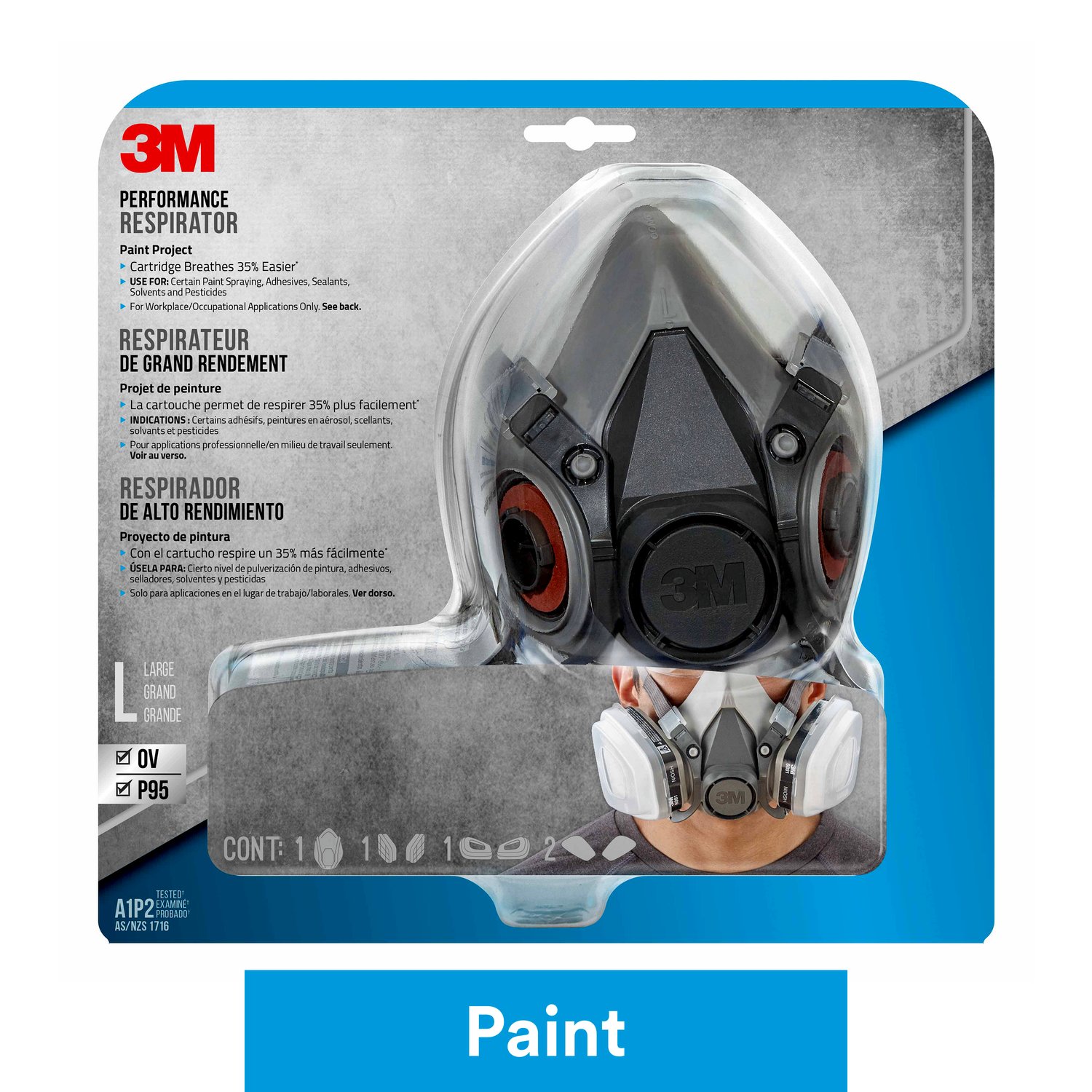 7100159322 - 3M Performance Paint Project Respirator OV/P95, 6311P1-DC, Size Large,
1 each/pack, 4 packs/case
