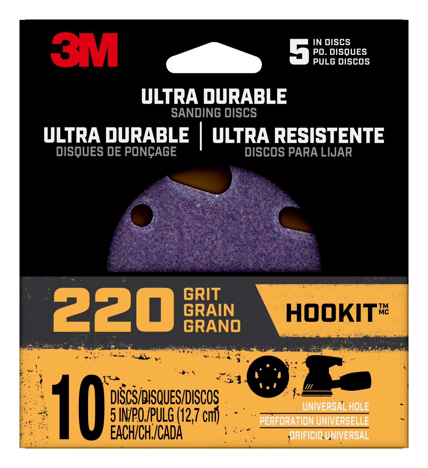 7100188458 - 3M Ultra Durable 5 inch Power Sanding Discs, Universal Hole, 220 grit, Disc5in10pk220, 10/pk, 12pks/cs