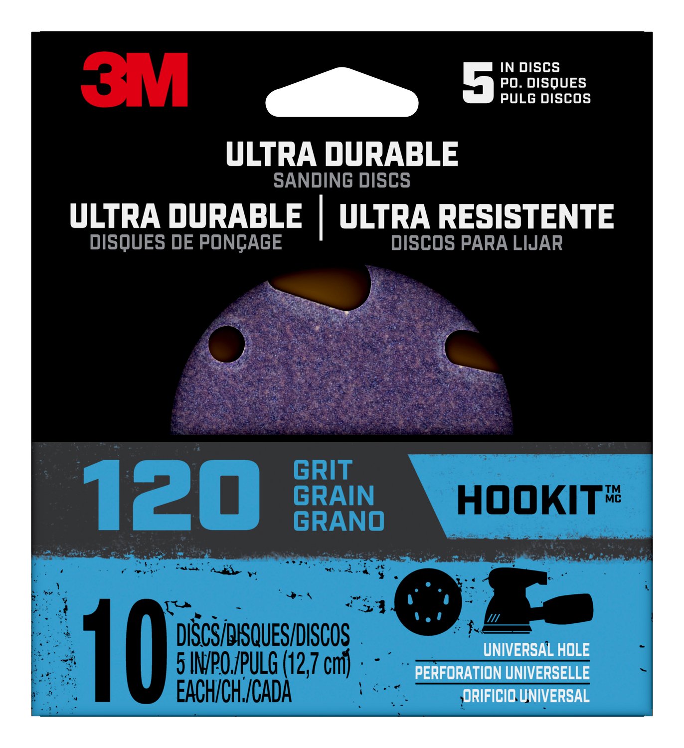 7100187646 - 3M Ultra Durable 5 inch Power Sanding Discs, Universal Hole, 120 grit, Disc5in10pk120, 10/pk, 12pks/cs