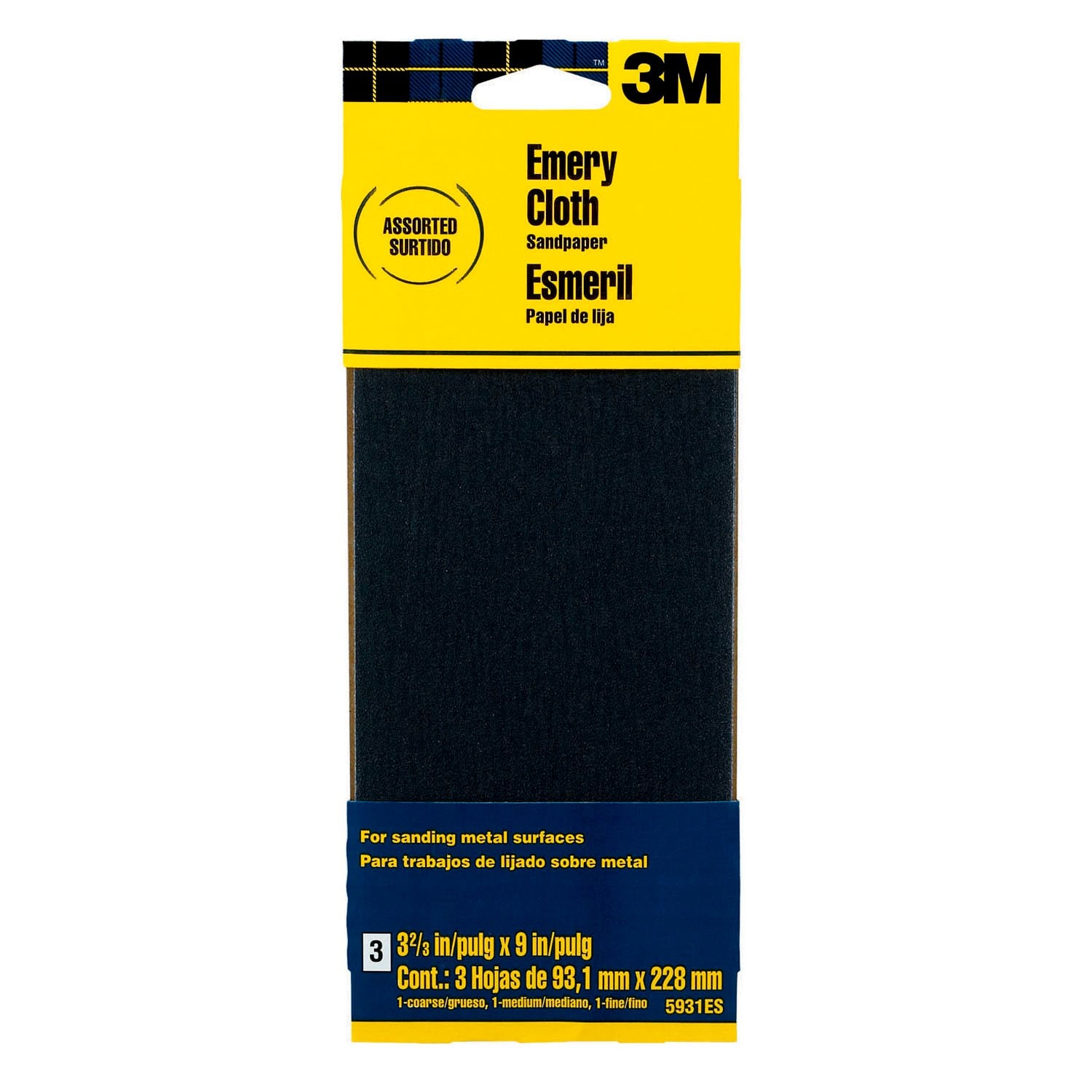7010384546 - 3M Emery Cloth Sanding Sheets 5931ES, 3 2/3 in x 9 in, Assorted grit, 3/pk, 20 pks/cs