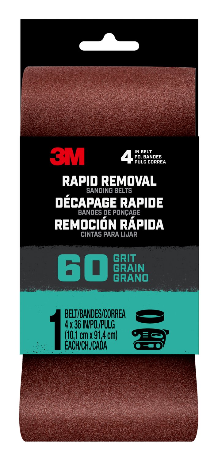 7100198744 - 3M Rapid Removal 4x36 Power Sanding Belt, 60 grit, Belt4x361pk60, 1 pk, 10/case